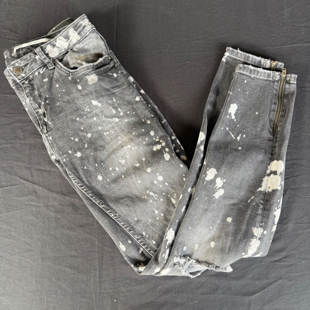 Zara Woman Slim Fit Paint Splatter Distressed Jeans Gray Ankle Zip Size 8